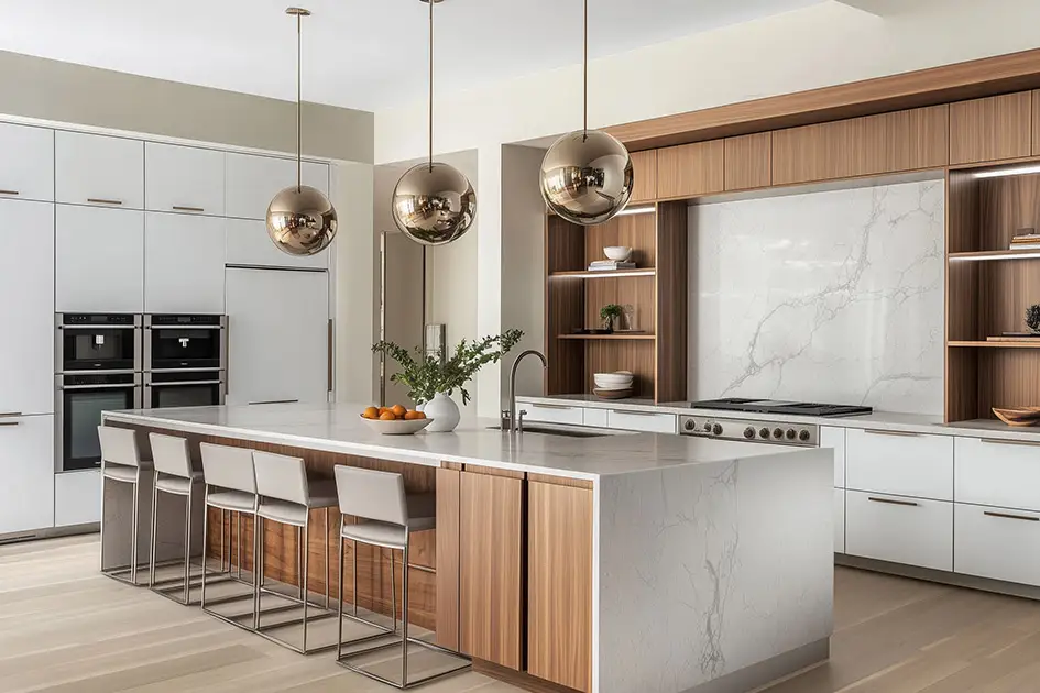 Moderne Küche mit Kochinsel und Theke