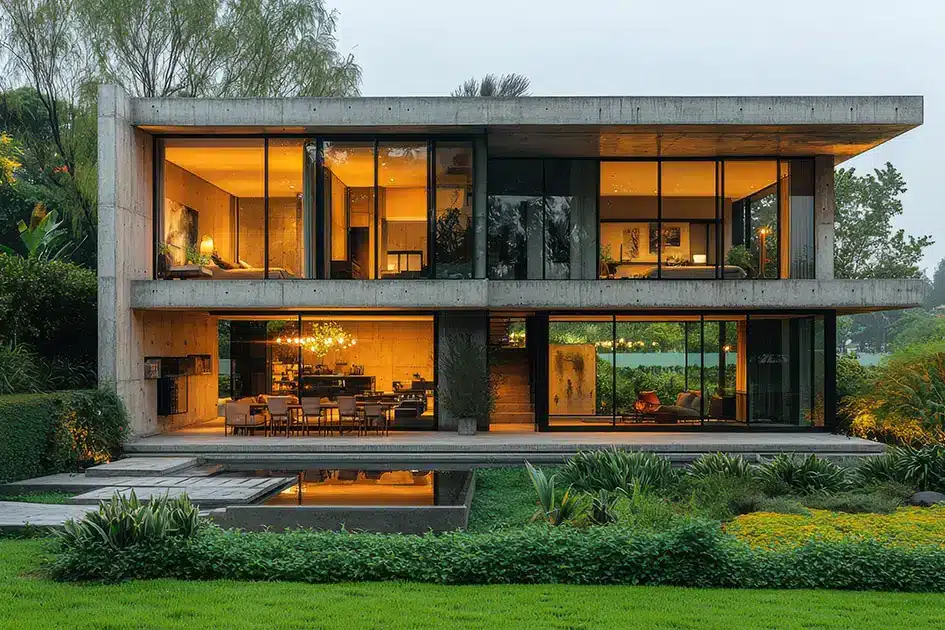 Ein modernes zweigeschossiges Wohnhaus mit Terrassen und Garten