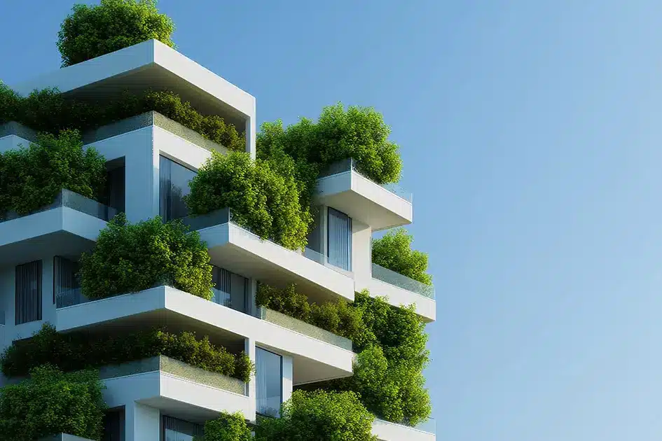 Begrünte Terrassen an einem modernen weißen Etagenbau