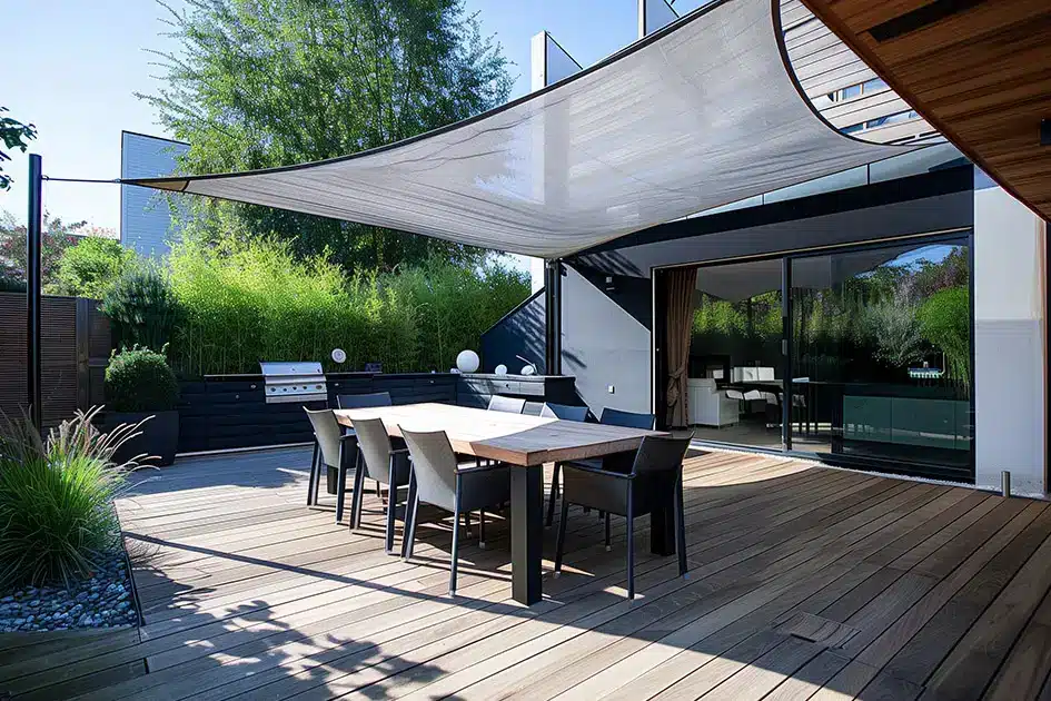 Terrasse mit Holzmöbeln und Markise