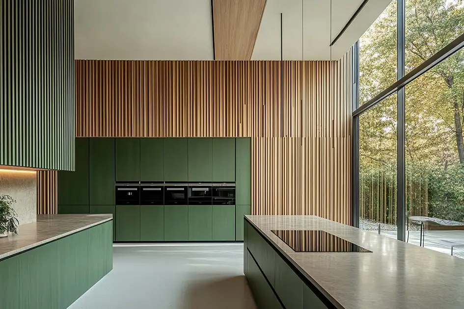 Teure Einbauten in einer modernen Küche mit Kochinsel vor großer Fensterfront