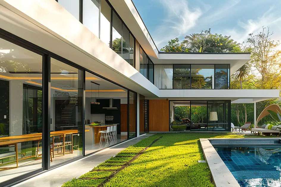 Ein L-förmiger zweigeschossiger Bau steht vor einem Swimming Pool