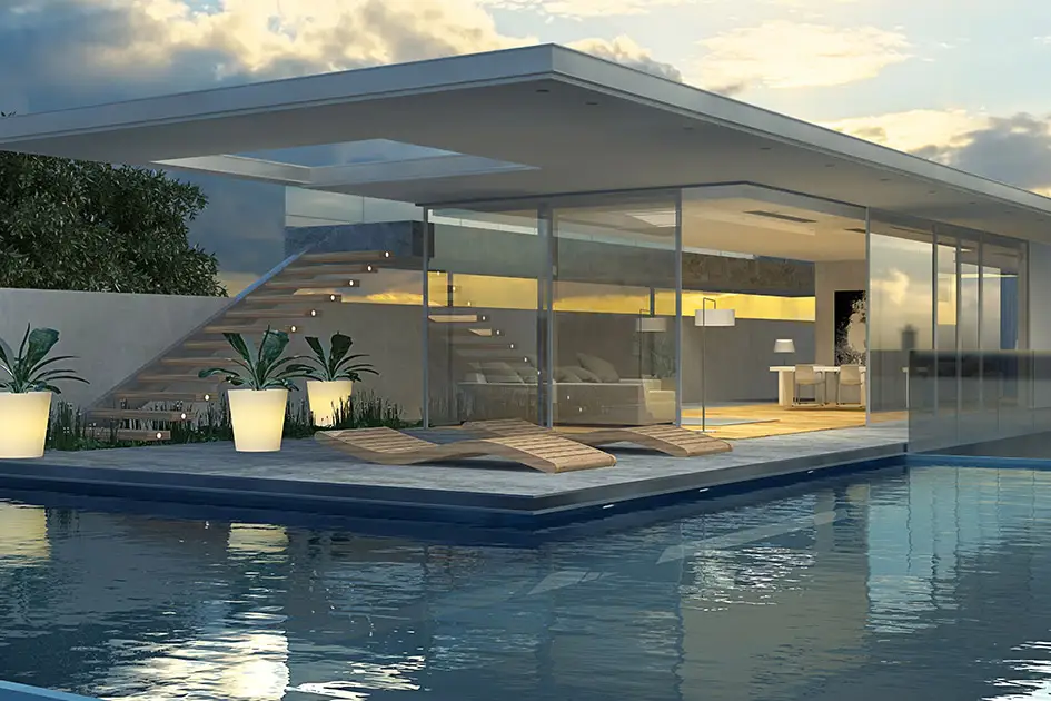 Exklusiver Bungalow mit Glasfronten und Terrasse umgeben von einem Swimming Pool