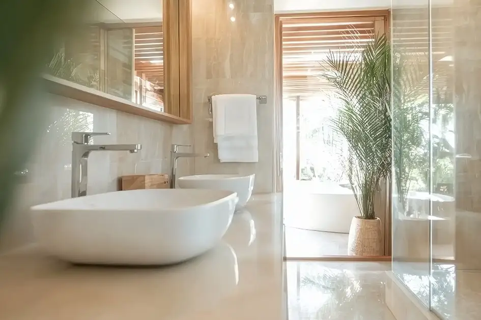 Modernes Bad mit Badewanne, bodengleicher Dusche und modernem Sanitär