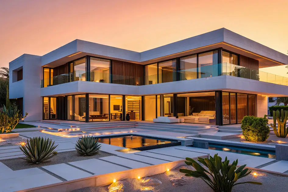 Modernes zweistöckiges Wohnhaus mit Garten im Sonnenuntergang