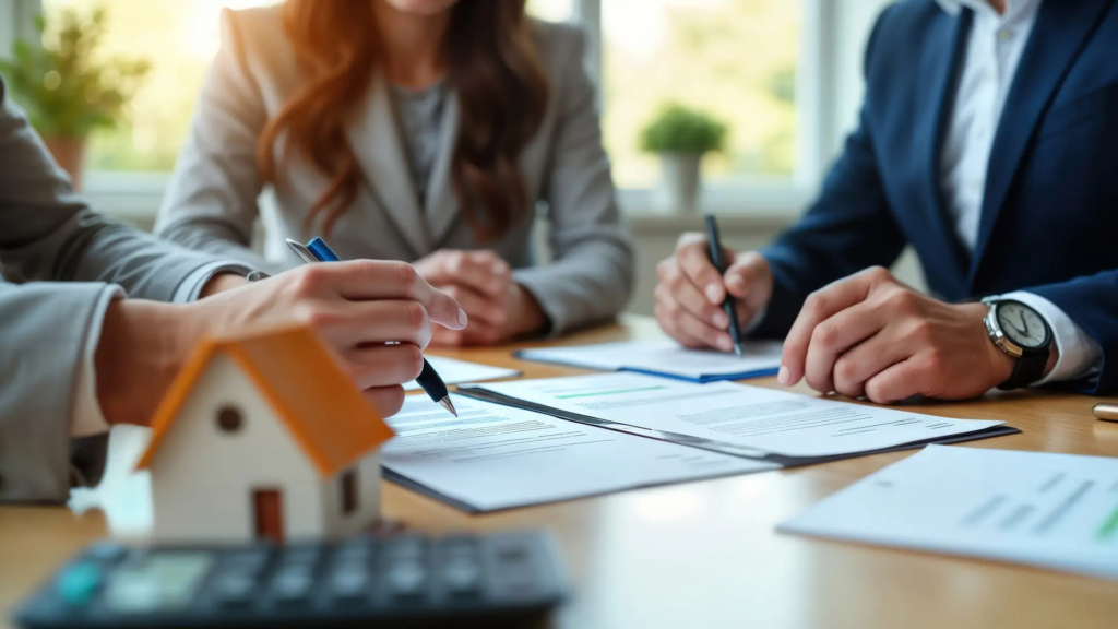 Drei Personen am Tisch überprüfen die Dokumente